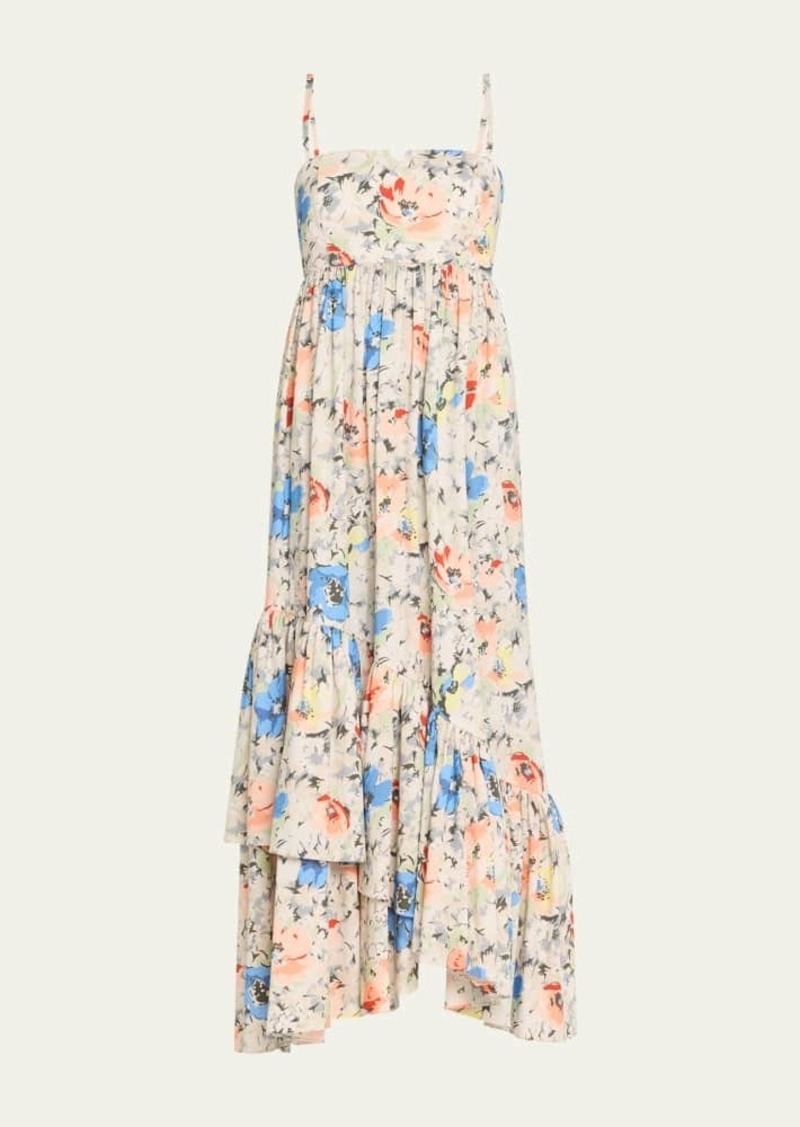 Cinq a Sept Painted Garden Hailey Tie-Back Ruffled Midi Empire Dress