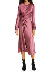 Cinq a Sept Wanda Long Sleeve Gathered Silk Midi Dress in Nocturne at Nordstrom