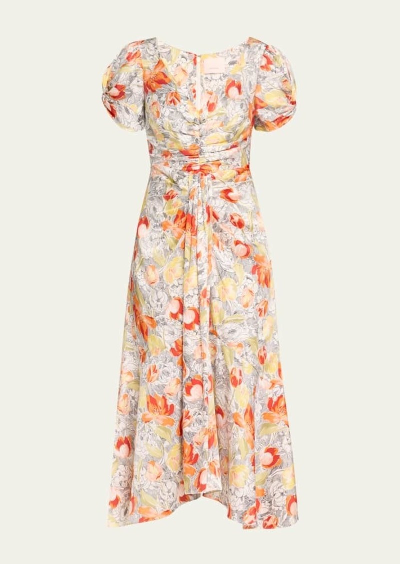 Cinq a Sept Ximena Draped Floral Puff-Sleeve V-Neck Midi Dress