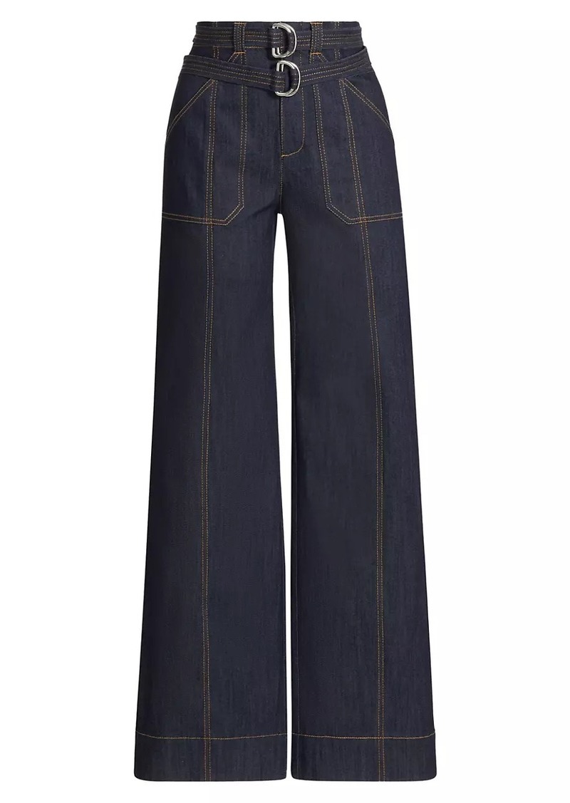 Cinq a Sept Kenji Denim Double-Belt Flared Pants