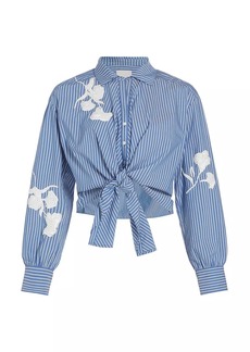 Cinq a Sept Marianna Stripe Embroidered Tie Blouse