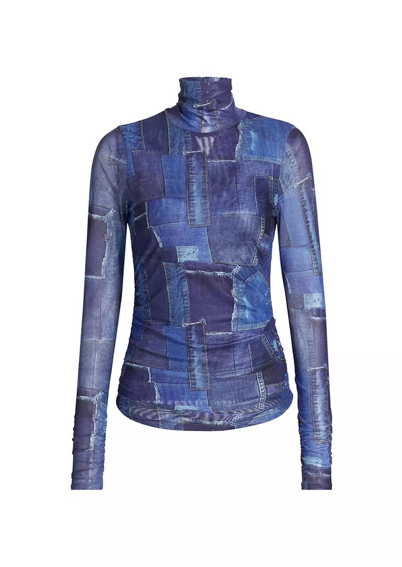 Cinq a Sept Photoreal Denim Mesh Turtleneck Top