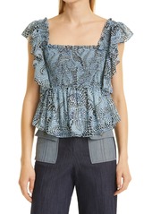 Cinq a Sept Anabelis Smocked Ruffle Top in Rain Cloud Multi at Nordstrom