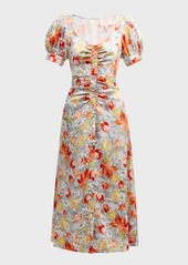 Cinq a Sept Ximena Draped Floral Puff-Sleeve V-Neck Midi Dress