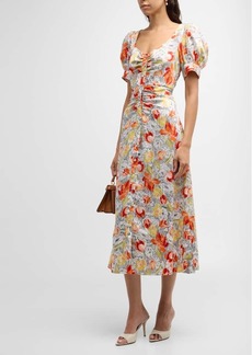 Cinq a Sept Ximena Draped Floral Puff-Sleeve V-Neck Midi Dress