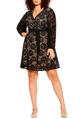 City Chic Fly Away Long Sleeve Lace Faux Wrap Dress