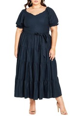 City Chic Puff Sleeve Tie Belt Midi Dress