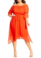 City Chic Reflections Off the Shoulder Handkerchief Hem Dress in Sunkist at Nordstrom