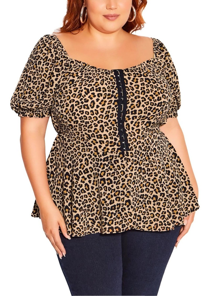 City Chic Womens Corset Detail Animal Print Peplum Top