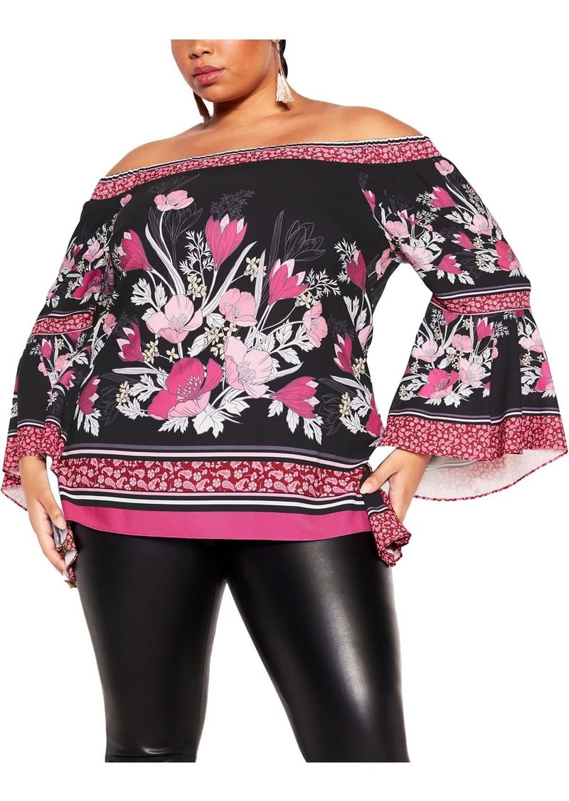 City Chic Womens Printed Bell Sleeves Blouse