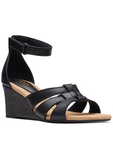 Clarks Women's Kyarra Joy Ankle-Strap Woven Wedge Sandals - Black Leather
