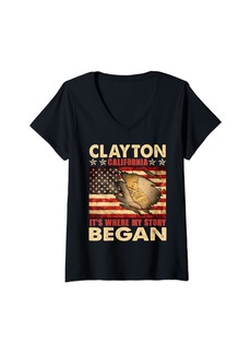 Womens Clayton California USA Flag Independence Day V-Neck T-Shirt