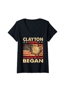 Womens Clayton Delaware USA Flag Independence Day V-Neck T-Shirt