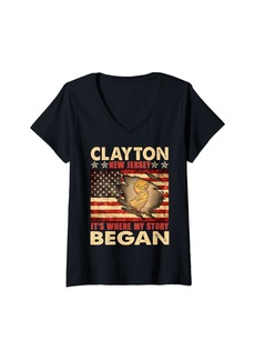 Womens Clayton New Jersey USA Flag Independence Day V-Neck T-Shirt