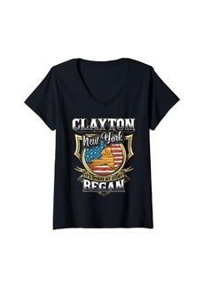 Womens Clayton New York USA Flag 4th Of July V-Neck T-Shirt