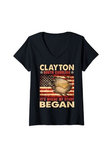 Womens Clayton North Carolina USA Flag Independence Day V-Neck T-Shirt
