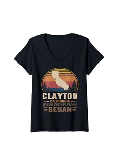 Womens Vintage Clayton California Homtown My Story Began V-Neck T-Shirt