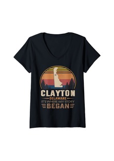 Womens Vintage Clayton Delaware Homtown My Story Began V-Neck T-Shirt