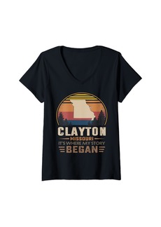 Womens Vintage Clayton Missouri Homtown My Story Began V-Neck T-Shirt