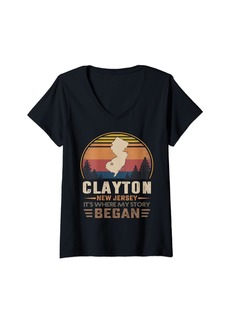 Womens Vintage Clayton New Jersey Homtown My Story Began V-Neck T-Shirt
