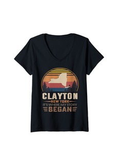 Womens Vintage Clayton New York Homtown My Story Began V-Neck T-Shirt