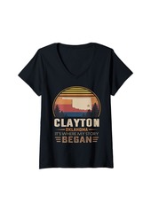 Womens Vintage Clayton Oklahoma Homtown My Story Began V-Neck T-Shirt