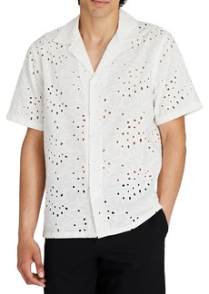 Club Monaco Men's Camp Collar Eyelet Shirt  White S