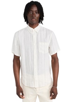 Club Monaco Men's Short Sleeve Wide Stripe Linen Shirt  XS