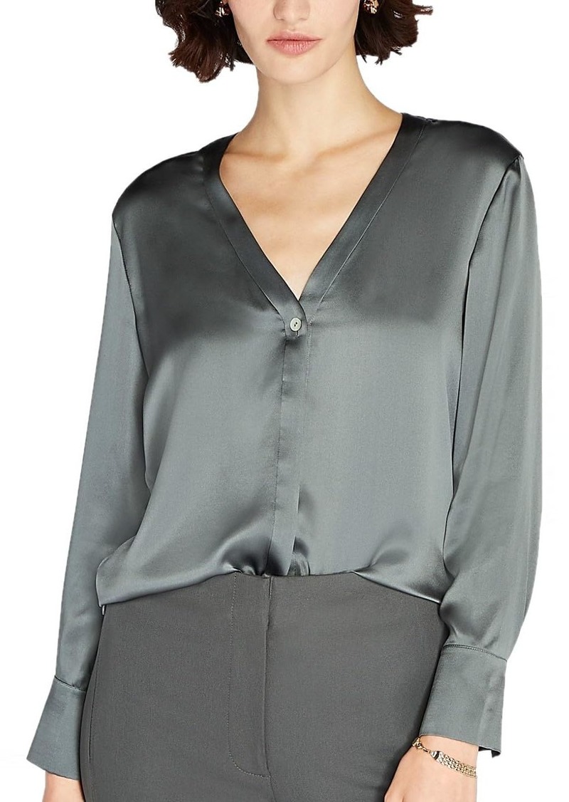 Club Monaco Women's Long Sleeve V-Neck Silk Charmeuse Blouse