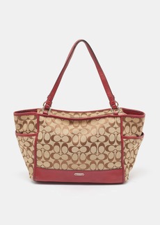 Coach Beige/burgundy Signature Canvas And Leather Carrie Tote