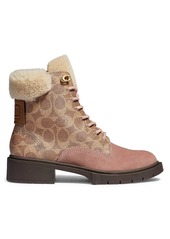 Coach Lorimer Shearling-Trimmed Signature Coated Canvas & Leather Combat Boots