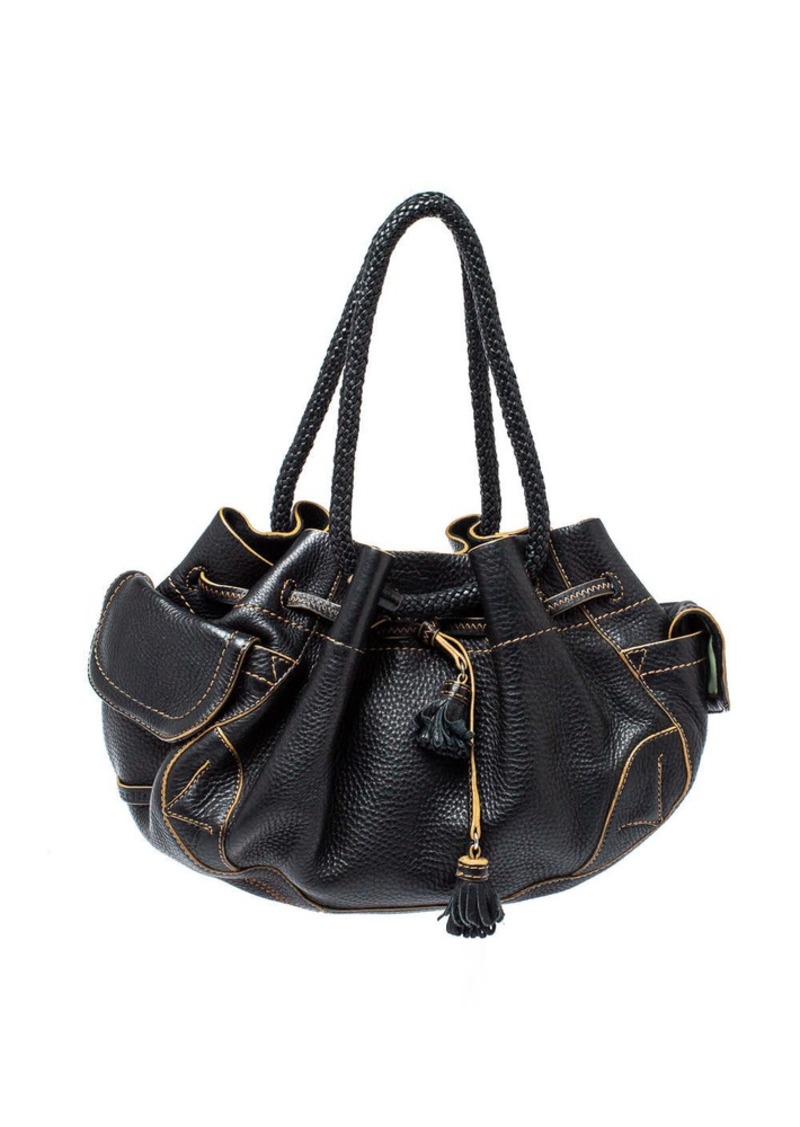 Cole Haan Black Leather Drawstring Braided Handle Hobo