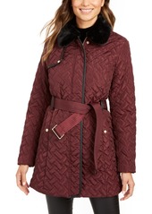 Cole Haan Faux-Leather Trim Belted Faux-Fur Quilted Coat