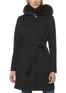 Cole Haan Women's Belted Faux-Fur-Trim Hooded Coat - Black