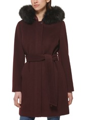 Cole Haan Women's Belted Faux-Fur-Trim Hooded Coat - Bordeaux