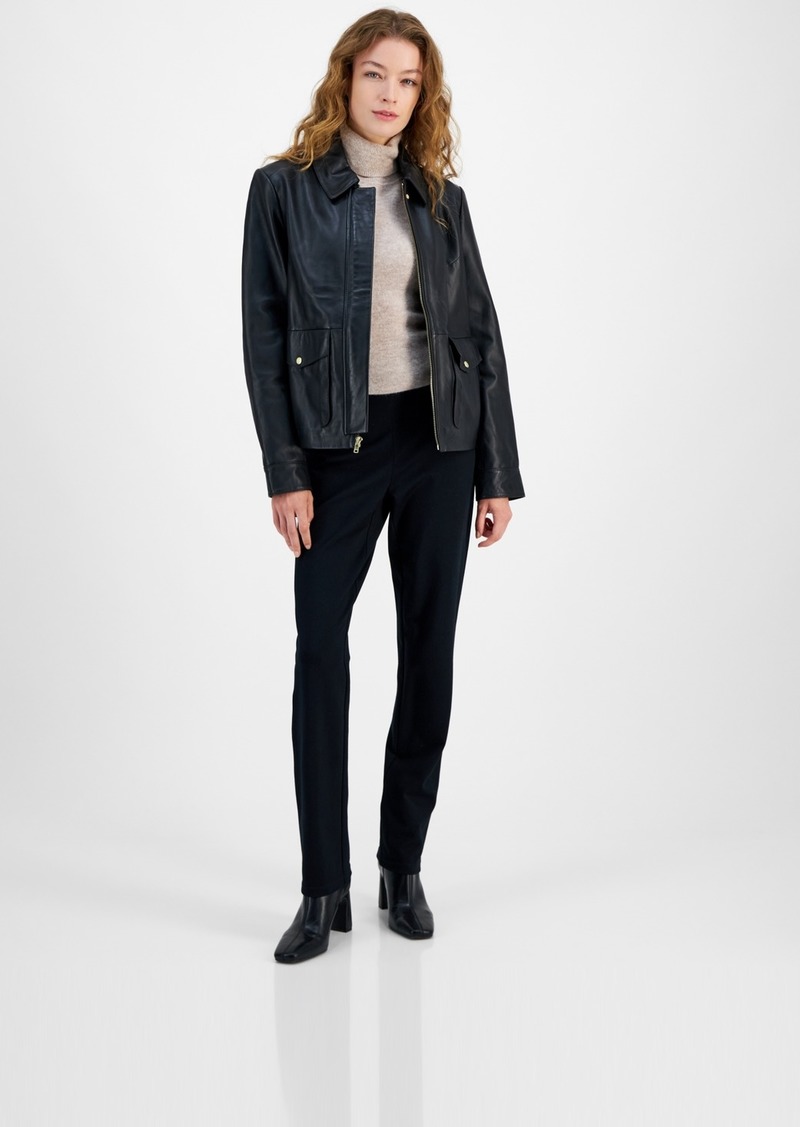 Cole Haan Women's Leather Zip-Front Collared Coat - Black