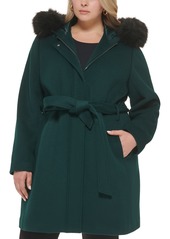 Cole Haan Women's Plus Size Faux-Fur-Trim Hooded Coat, Created for Macy's - Forest