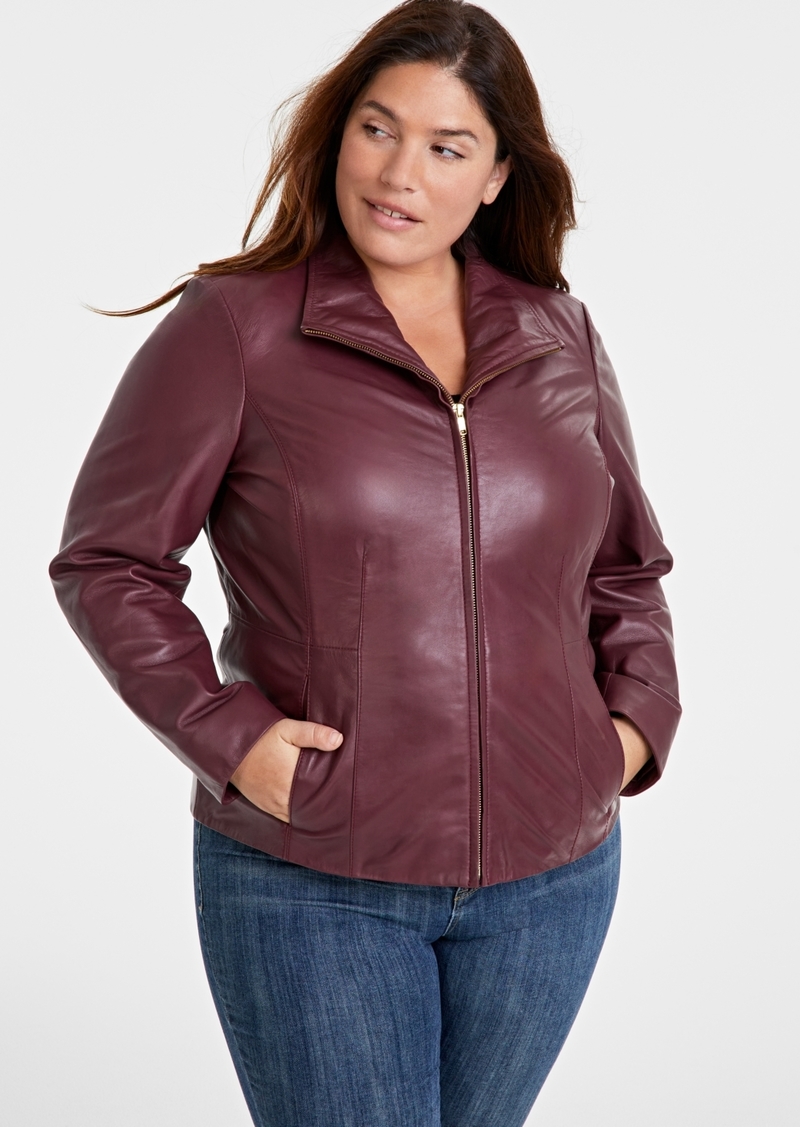 Cole Haan Womens Plus Size Leather Jacket - Burgundy