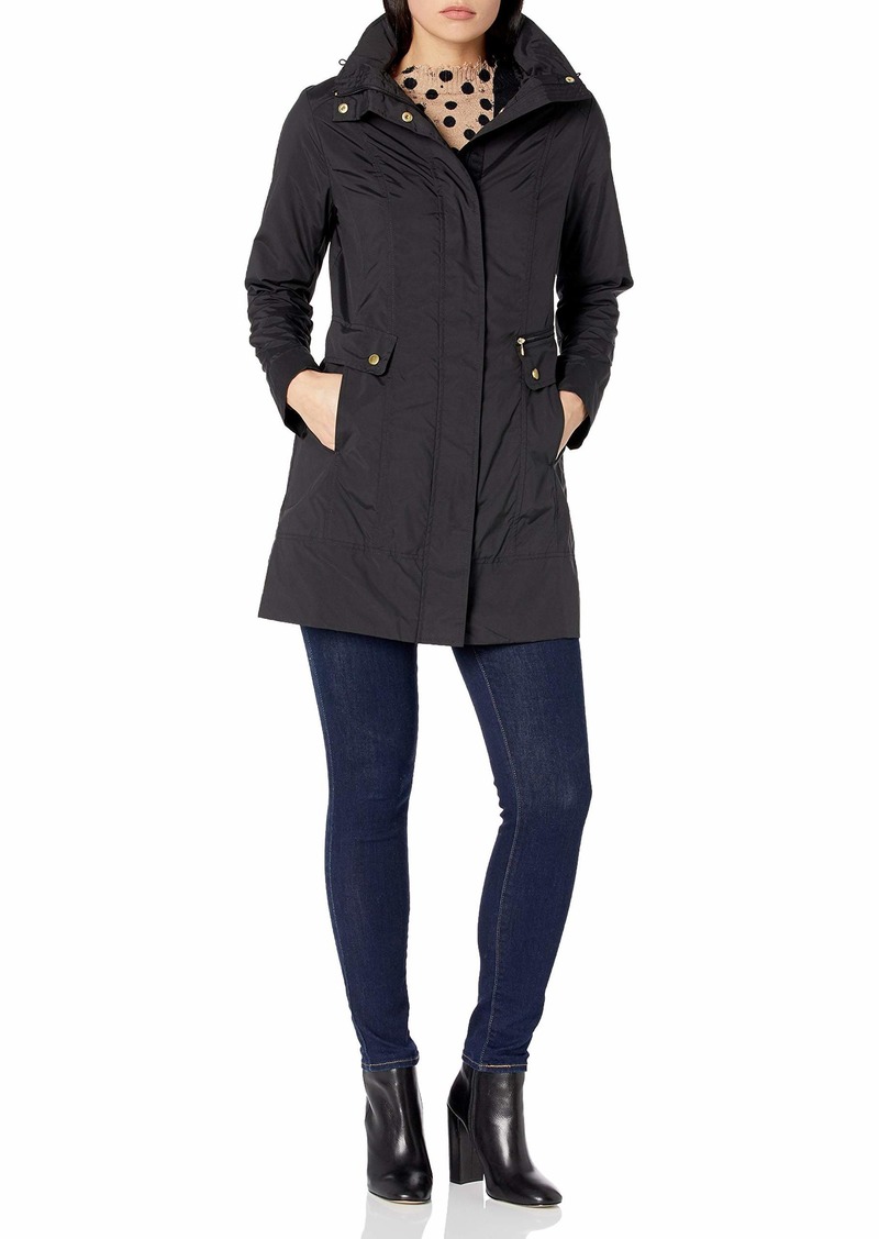 Cole Haan Women's Single Breasted Packable Rain Jacket with Removable Hood black
