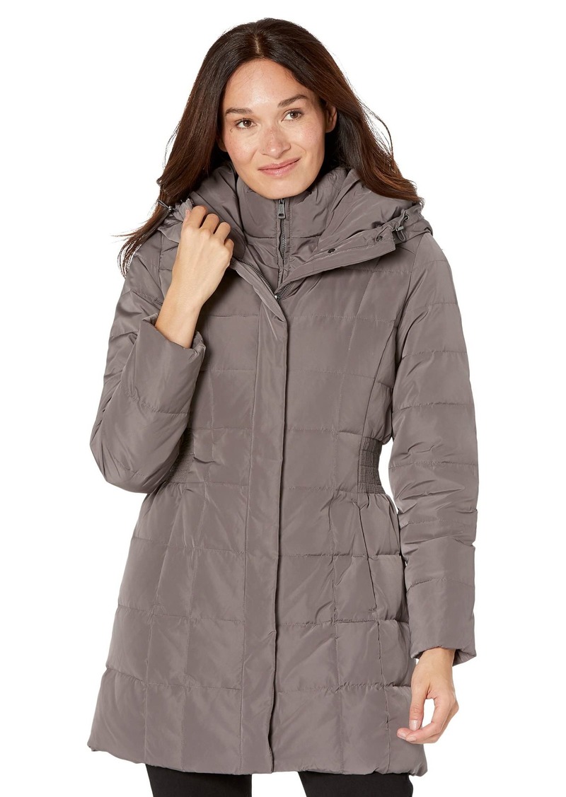 Cole Haan Women's Taffeta Down Coat with Bib Front and Dramatic Hood carbon