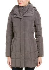 Cole Haan Women's Taffeta Down Coat with Bib Front and Dramatic Hood carbon