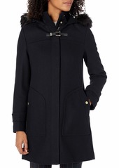 Cole Haan Women's Wool Duffle Coat with Faux Fur Trimmed Hood