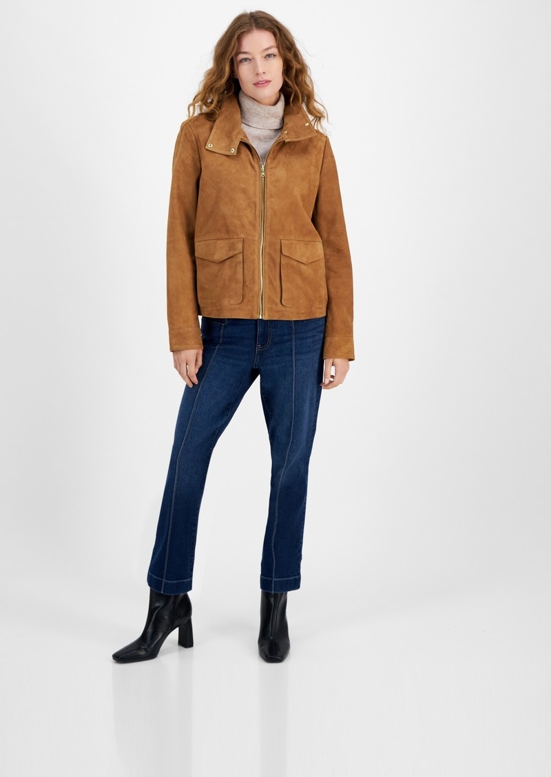 Cole Haan Women's Zip-Front Suede Racer Coat - Hazelnut