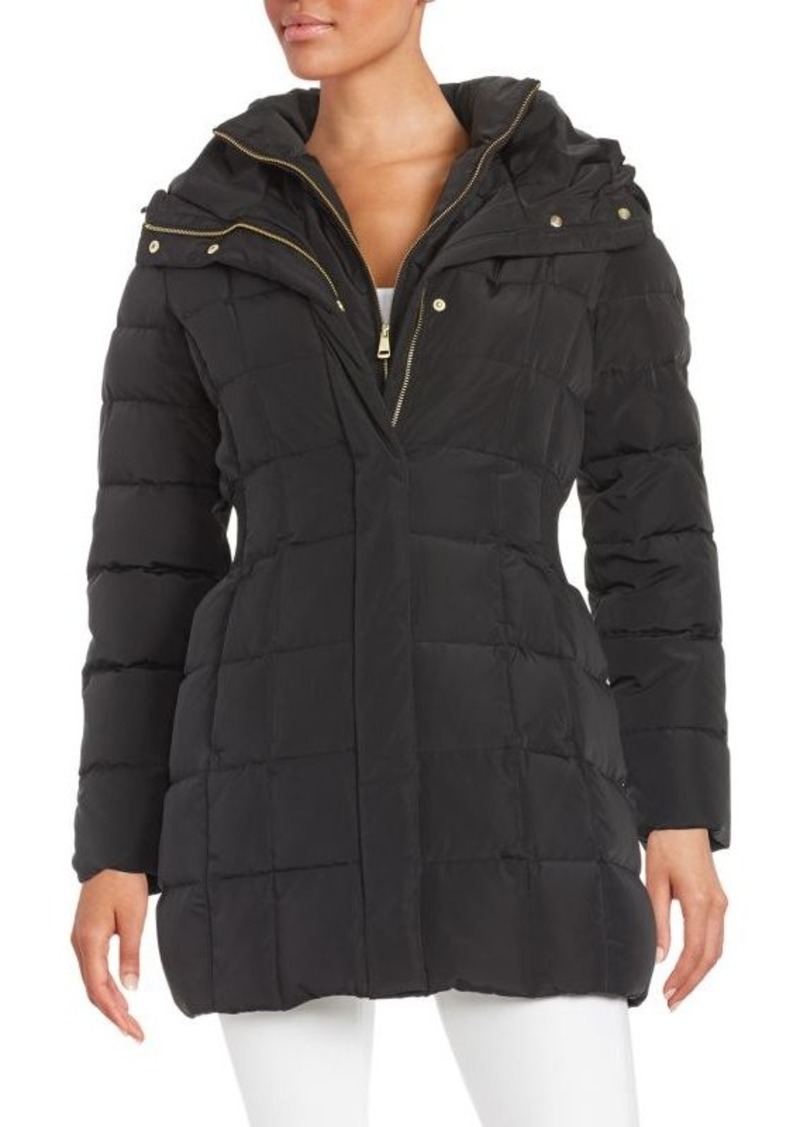 Cole Haan Shirred-Waist Hooded Quilted Down Coat