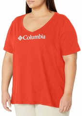 Columbia Women's Mount Rose Relaxed Tee Shirt Jersey Cotton Blend Bright Poppy Heather Logo