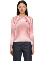 Comme des Garçons Play Pink & White Striped Heart Patch Long Sleeve T-Shirt