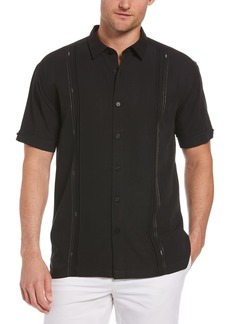Cubavera Men's Short Sleeve Cuban Camp Shirt with Contrast Insert Panels Jet Black with Variating Tuck Pattern