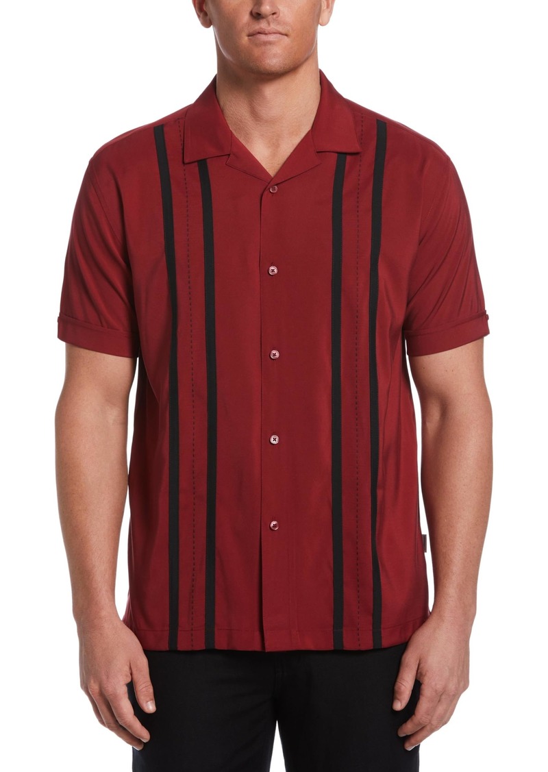 Cubavera Men's Contrast Panel Short Sleeve Button-Down Camp Collar Shirt Sun-Dried Tomato