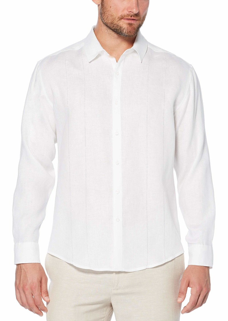 Cubavera Men's Embroidery Detailed Solid Linen Long Sleeve Woven Shirt