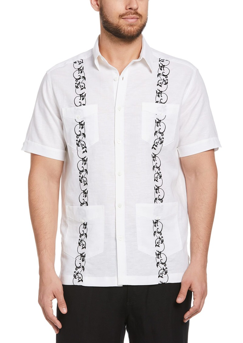 Cubavera Men's Linen Blend Contrast Embroidery Short Sleeve Guayabera Shirt